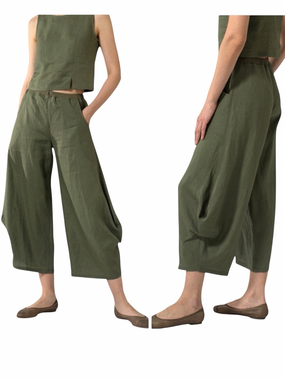 Vivid Flare Leg 100% Linen Crop Pants Green Size Large